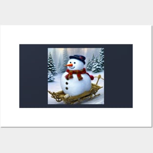 Cute Snowman Riding a Sledge Posters and Art